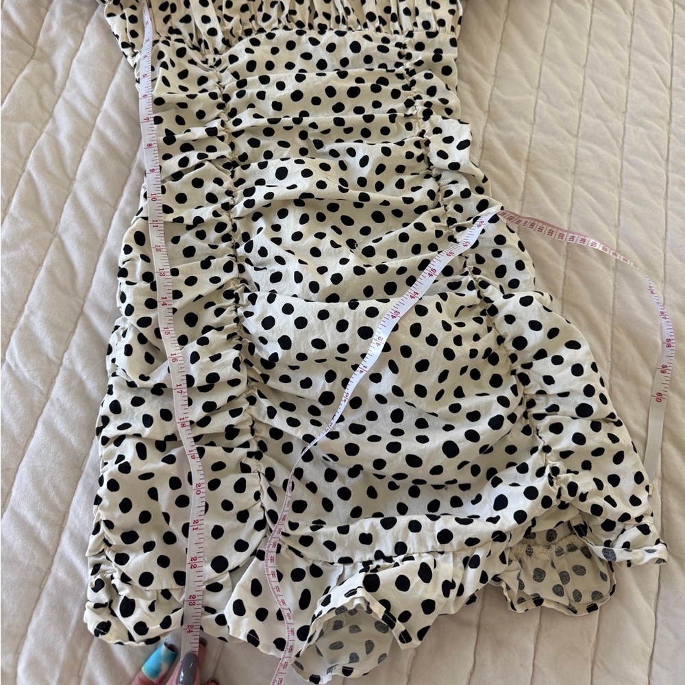 Zara Ruched Polka Dot Puff Sleeve Black & White Mini Dress retro cottagecore - Picture 7 of 7